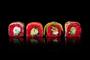 Wall Mural - Set of red sushi isolated on a black