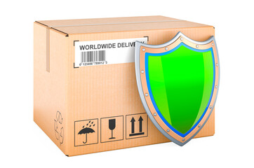 Poster - Parcel with shield. Safety delivery concept, 3D rendering