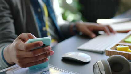 Aufkleber - Creative programmer hands on social media phone 5g app, typing SEO code and programming web design on keyboard. UX internet cybersecurity coding or internet computer digital expert with smartphone