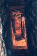 Blick in den Keller. Eine Treppe führt nach unten in eine dunkle Kammer. Katakomben und unterirdische Gewölbekomplexe.