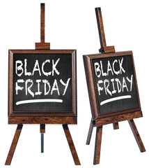 Aufkleber - Two blackboards on a wooden easel (tripod) with the text written in chalk, Black Friday in English language. Isolated on transparent background. Photography, png.