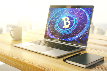 Poster - Modern computer display with creative Bitcoin symbol hologram. Mining and blockchain concept. 3D Rendering