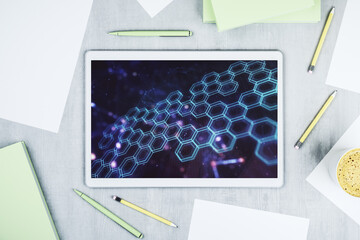 Poster - Creative concept of wireless technology with hexagon hologram on modern digital tablet screen. Big data and database concept. Top view. 3D Rendering