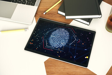 Aufkleber - Modern digital tablet screen with abstract graphic fingerprint sketch, fingerprint scan data concept. Top view. 3D Rendering