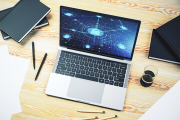 Poster - Computer monitor with creative light lock illustration and microcircuit, cyber security concept. 3D Rendering