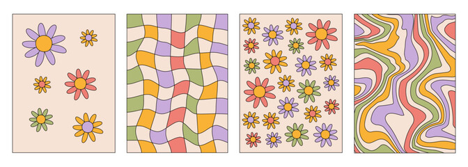 Wall Mural - Retro set vertical backgrounds in style hippie 60s, 70s. Trendy collection groovy flowers, distorted checkered and waves templates. Pastel colors. Vector illustration