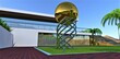 An exclusive installation of chrome-plated bent pipes holding a large golden ball on green grass in the courtyard of a modern high-tech house. 3d render.