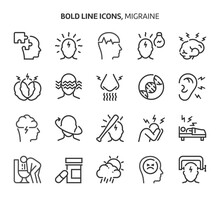 Migraine, Bold Line Icons. The Illustrations Are A Vector, Editable Stroke, Pixel Perfect Files. Crafted With Precision And Eye For Quality.