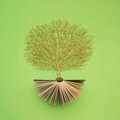 Wall Mural - Golden tree growing from the old book, Education and knowledge concept. For book lovers. Flat lay.