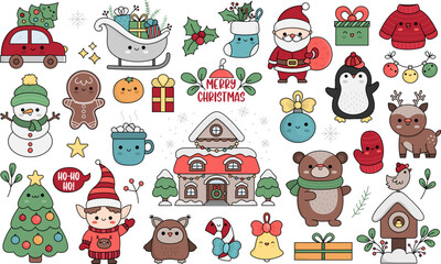 Wall Mural - Vector set of Christmas elements with Santa Claus, reindeer, animals, elf, stocking, fir tree, house with ornament. Cute funny kawaii illustration for kids.  New year holiday cartoon icons pack.