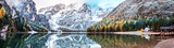 Fototapeta Natura - Magical autumn landscape on the lake on Fanes-Sennes-Braies natural park in the Dolomites in South Tyrol, Alps, Italy. (mental vacation, holiday, inner peace, harmony - concept)