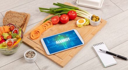 Tablet Pc with fruits, medical concept