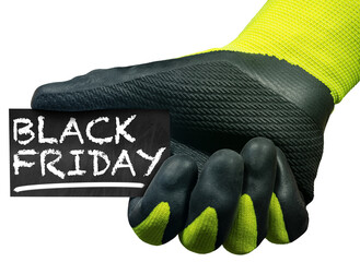 Aufkleber - Hand with protective work glove holding a small blackboard with the text Black Friday written in chalk, isolated on transparent background. Photography, png.