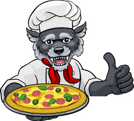 Wall Mural - Wolf Pizza Chef Cartoon Restaurant Mascot Sign