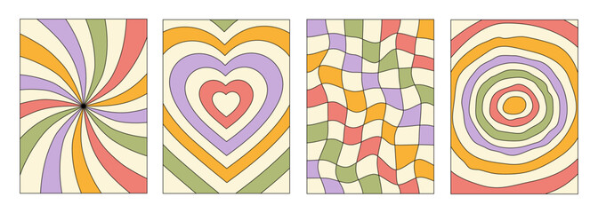 Poster - Set of vertical backgrounds in style retro 70s, 80s. Groovy hippie abstract psychedelic design. Pastel colors. Vector illustration