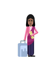 Sticker - Indian woman with travel bag and ticket in hands. Corporate business people isolated vector illustration.