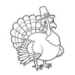 Cute cartoon turkey wearing a pilgrim hat outlined for coloring page on white background