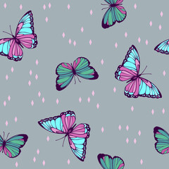 seamless pattern with turquoise butterflies on a gray background