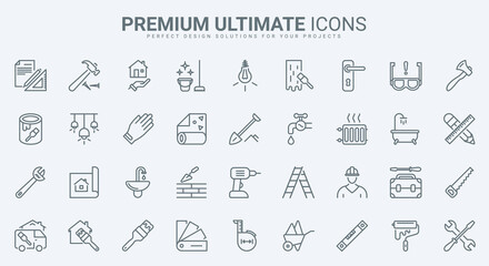 Poster - Home repair and renovation thin line icons set vector illustration. Outline diy tools for building improvement and construction, maintenance work of builders, handyman and engineer equipment