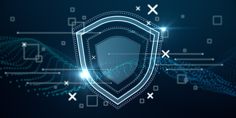 Poster - Abstract wide perspective glowing shield hologram on blue wallpaper with various blurry icons. Cyber security, data protection concept. Modern wireframe design. 3D Rendering.