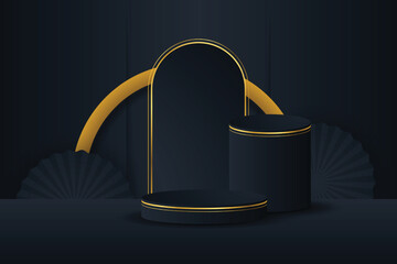 Wall Mural - Black podium and modern gold border with a black circle element background. Abstract vector illustration showing a 3D shape for placing a product with copy space.