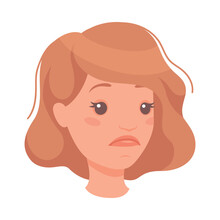 Woman Head With Short Brown Hair Showing Sad Face Expression And Emotion Of Unhappiness Half-turned Vector Illustration
