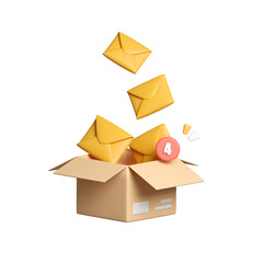 Poster - 3d mail envelope icon with notification new message. Minimal 3d email letter in cardboard mailbox with notification red bubble unread icon. message mailbox concept 3d icon  render isolated background