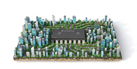 Eco technology concept. Smart city with electronic control. 3d illustration