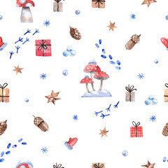 Watercolor, winter pattern with Christmas gifts, footprints in the snow, stars and fly agarics. Seamless background for fabrics, wrapping paper, Christmas and New Year decor.