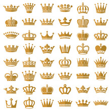 Gold Crown Icons. Queen King Golden Crowns Luxury Royal On Blackboard.