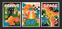 Groovy Posters Of The 90s. Cartoon Psychedelic Style. Bright Hippie And Retro Elements. Travel Landscapes, UFO, Sun Rays, Space, Cacti, Bad Trip. Vector Collection Of Banners