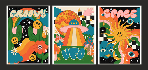  groovy posters of the 90s. Cartoon psychedelic style. Bright hippie and retro elements. Travel landscapes, UFO, sun rays, space, cacti, bad trip. Vector collection of banners