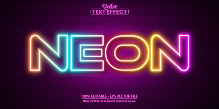 Neon glowing text effect, editable neon light text style isolated on brick wall background
