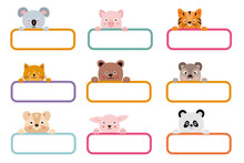 Cute Name Stickers. School Label Frames. Cartoon Borders With Funny Muzzles. Tiger And Panda Faces. Animal Tag Cards. Pig And Sheep. Printable Note Templates. Vector Illustration Icons Set