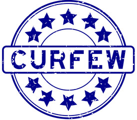 Sticker - Grunge blue curfew word with star icon round rubber seal stamp on white background