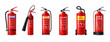 © Natalia - Fire extinguisher type, dry fire fighting powder class, water foam. Different alarm signs, wet chemical co2. Red cylinders with spray hoses. Vector infographic cartoon flat illustration