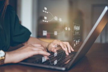 Data analysis work flow, Business Analytics and Data Management System on computer, metrics connected to database. Corporate strategy for finance, operations, sales, marketing, data base on server.