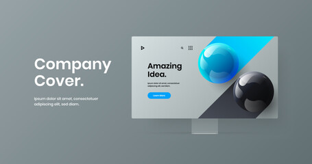 Clean computer display mockup web project concept. Vivid landing page design vector layout.