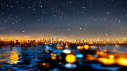 Wall Mural - night starry sunset sky bright moon at sea futuristic city blurred light on horizon reflection on se