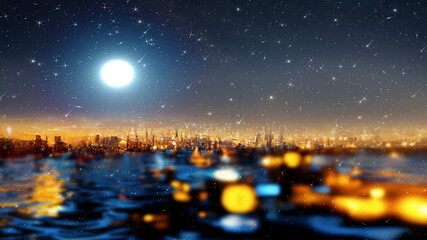 Wall Mural - night starry sunset sky bright moon at sea futuristic city blurred light on horizon reflection on se