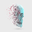 Vector 3D disintegration polygonal skull. Three- dimensional low poly particle fading effect.
