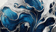 Spectacular high-quality abstract background of a whirlpool of dark blue and white. Digital art 3D illustration. Mable with liquid texture like turbulent waves.