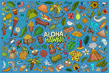 Fototapeta Do akwarium - Colorful vector doodle cartoon set of Hawaii objects and symbols