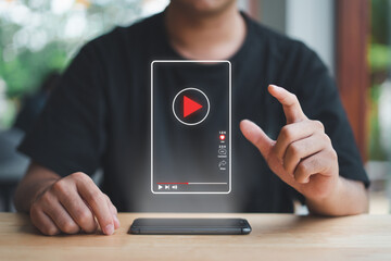 man touch press button virtual short video online watch media screen with smart phone using the inte