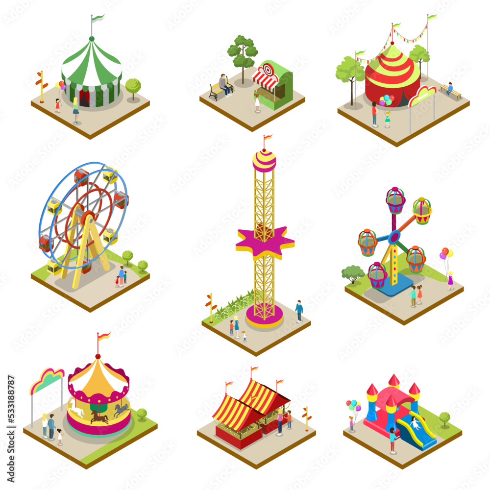 Amusement park isometric 3D elements. Funfair carnival, carousel ...