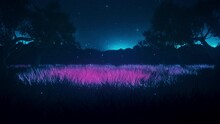 Blue Purple Glowing Grass Meadow By Night - Loop Abstract Landscape Motion Background