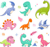Fototapeta Dinusie - Cartoon cute dino characters. Little dinosaurs, color isolated dinosaur baby friend. Fashion babies wild animal, funny prehistoric nowaday vector animals