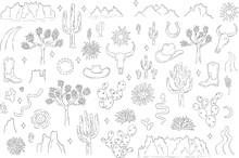 Desert Line Art Hand Drawn Vector Elements Set