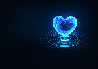 Wall Mural - Glowing heart shape in water puddle in futuristic low polygonal style on dark blue background. 