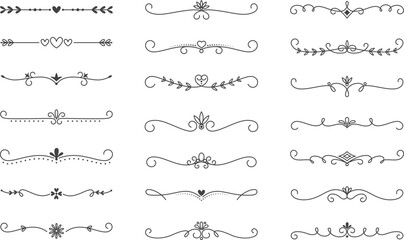 Wall Mural - Wedding text dividers. Invitation decoration lines ornaments, horizontal fancy vector separators with swirls hearts florals leaves doodles curls